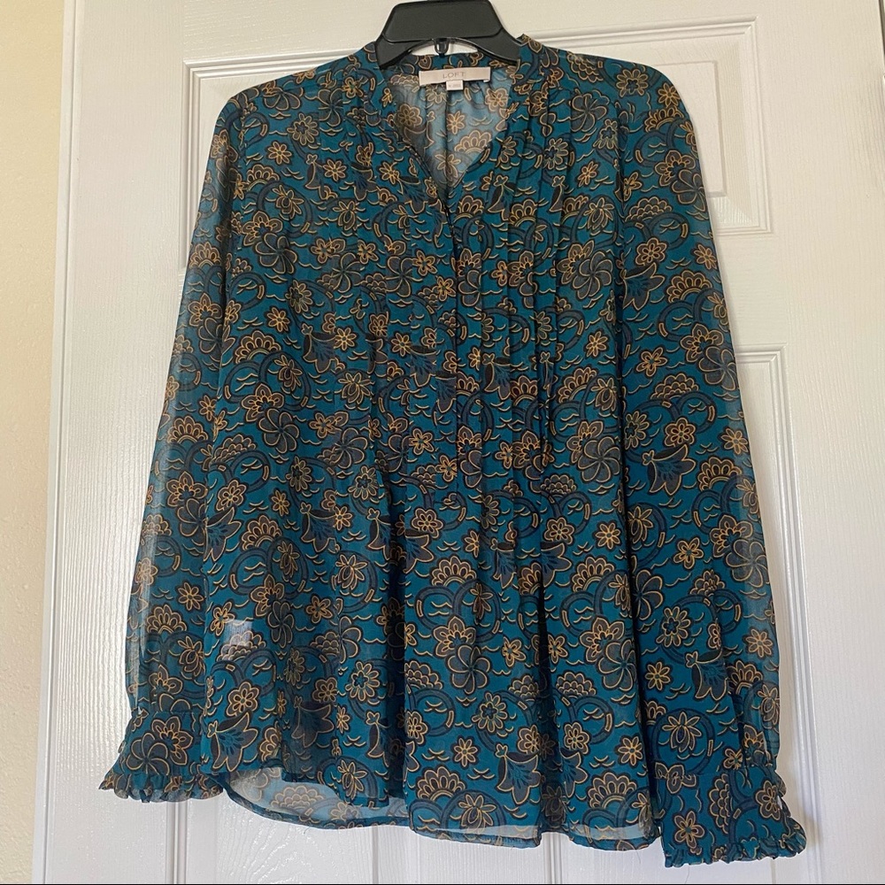 LOFT blue/green/gold and black floral 3/4 button blouse.Size Medium - Picture 2 of 9